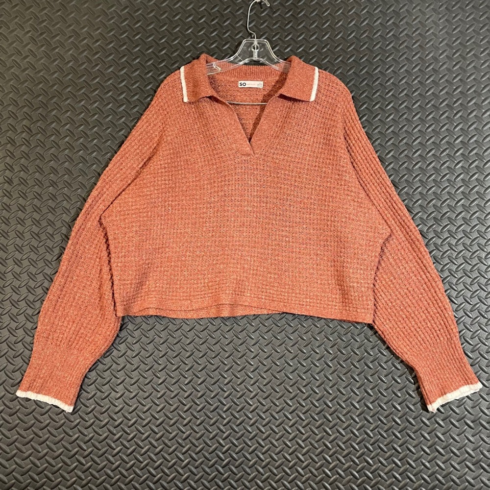 SO Cropped‎ Orange Sweater Collared Pullover Knit Top Long Sleeve XXL